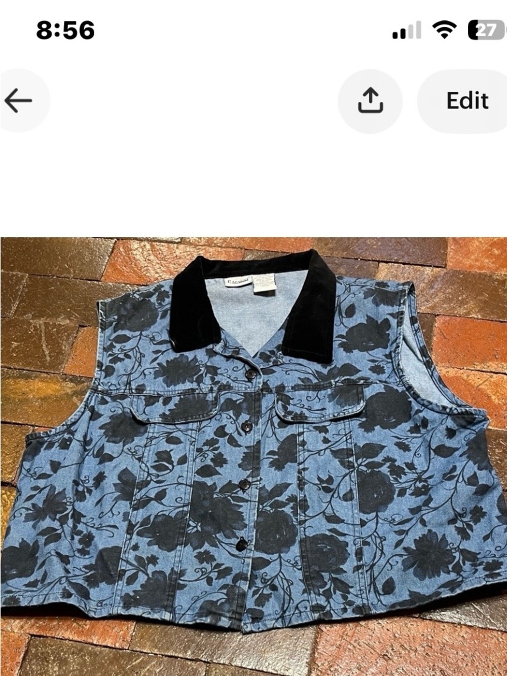Capacity XL Floral Denim Vest with Black Collar 2485